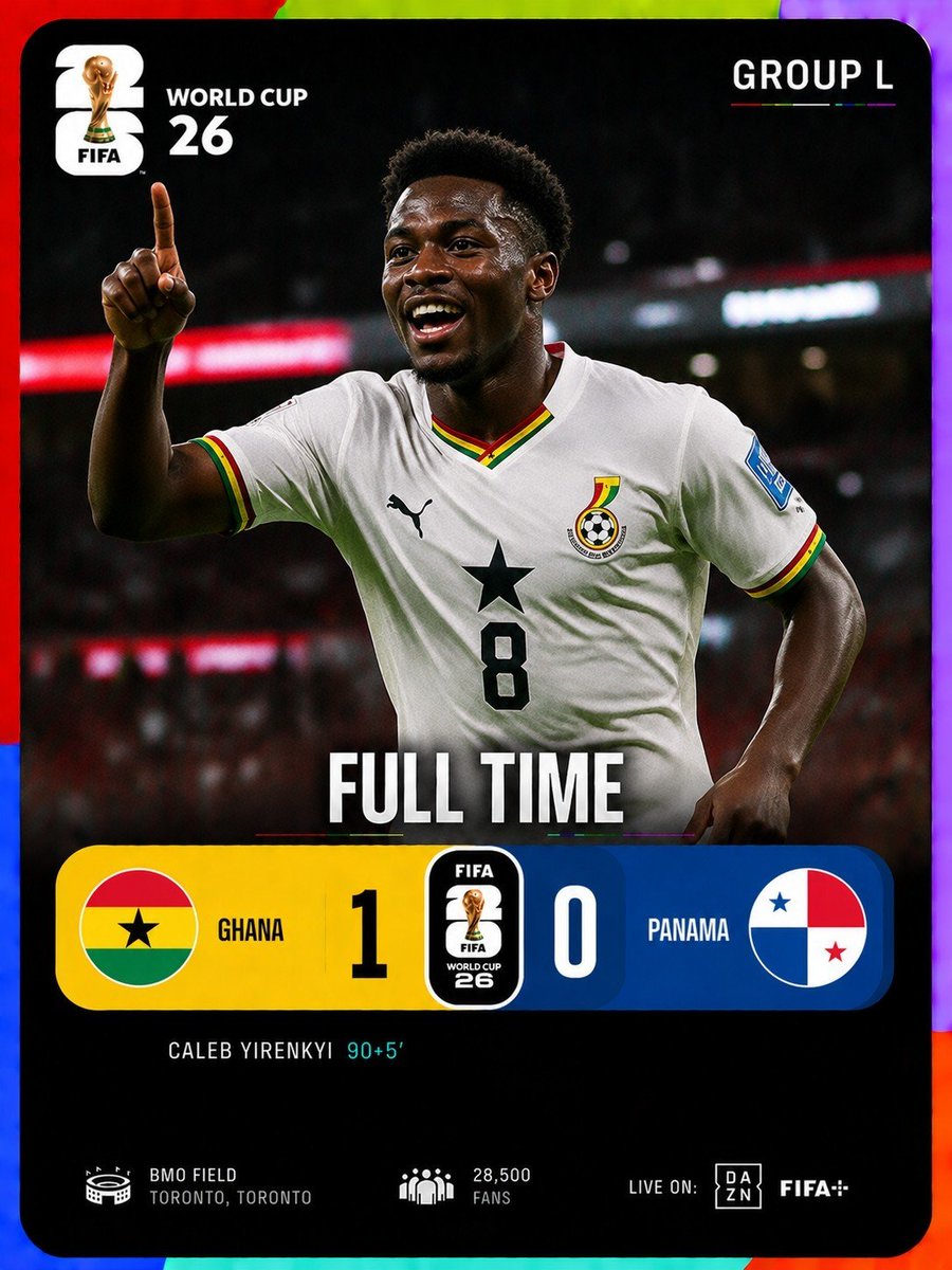 audryvoxoficial's tweet photo. 🏆 FIFA World Cup 2026™ | Full Time
🇬🇭 Ghana 1-0 Panama 🇵🇦
Ghana secure a vital victory in Group L, earning all three points with a disciplined performance and a decisive goal.
#FIFAWorldCup26 #Ghana #Panama #GroupL #audryvox https://t.co/EDxLnisz8Q