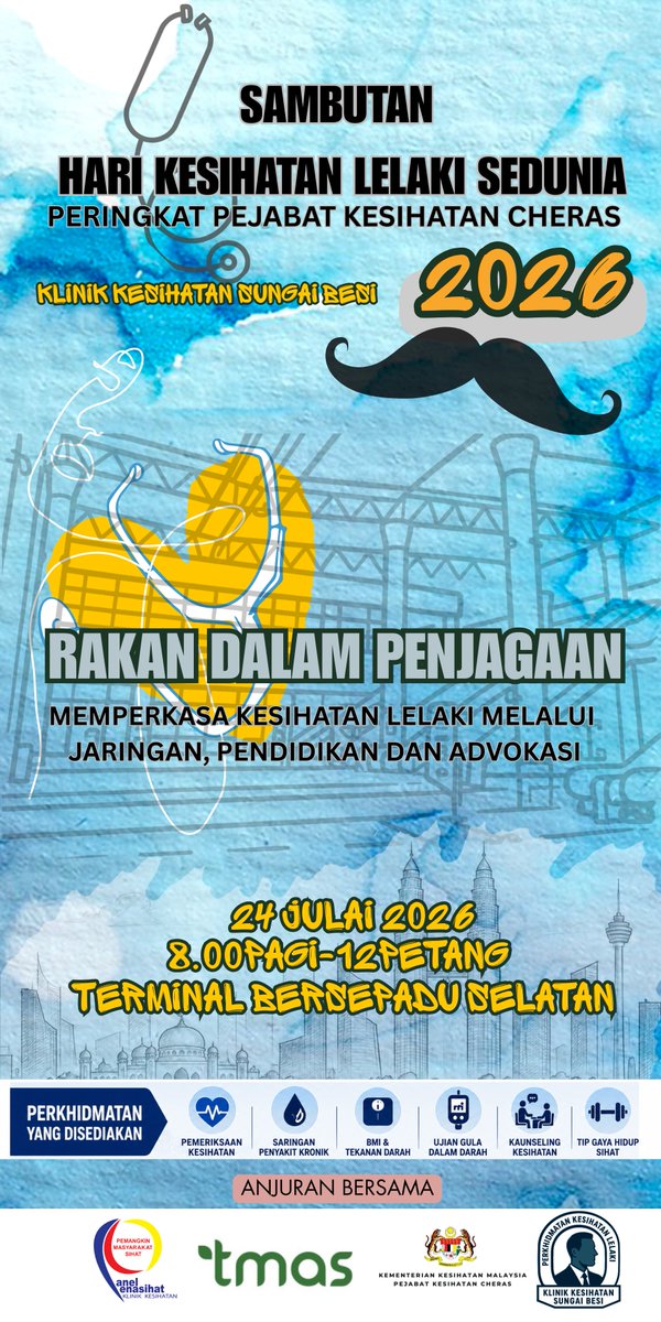 OfficialTBSBTS's tweet photo. Kementerian Kesihatan Malaysia (KKM) mempersembahkan Rakan Dalam Penjagaan sempena sambutan Hari Kesihatan Lelaki Sedunia anjuran Klinik Kesihatan Sungai Besi Pejabat Kesihatan Cheras

Tarikh: 24 Julai 2026 (Jumaat)
Masa: 8:00AM - 12:00PM
Lokasi: Terminal Bersepadu Selatan (TBS) https://t.co/Kietl9ZEoX