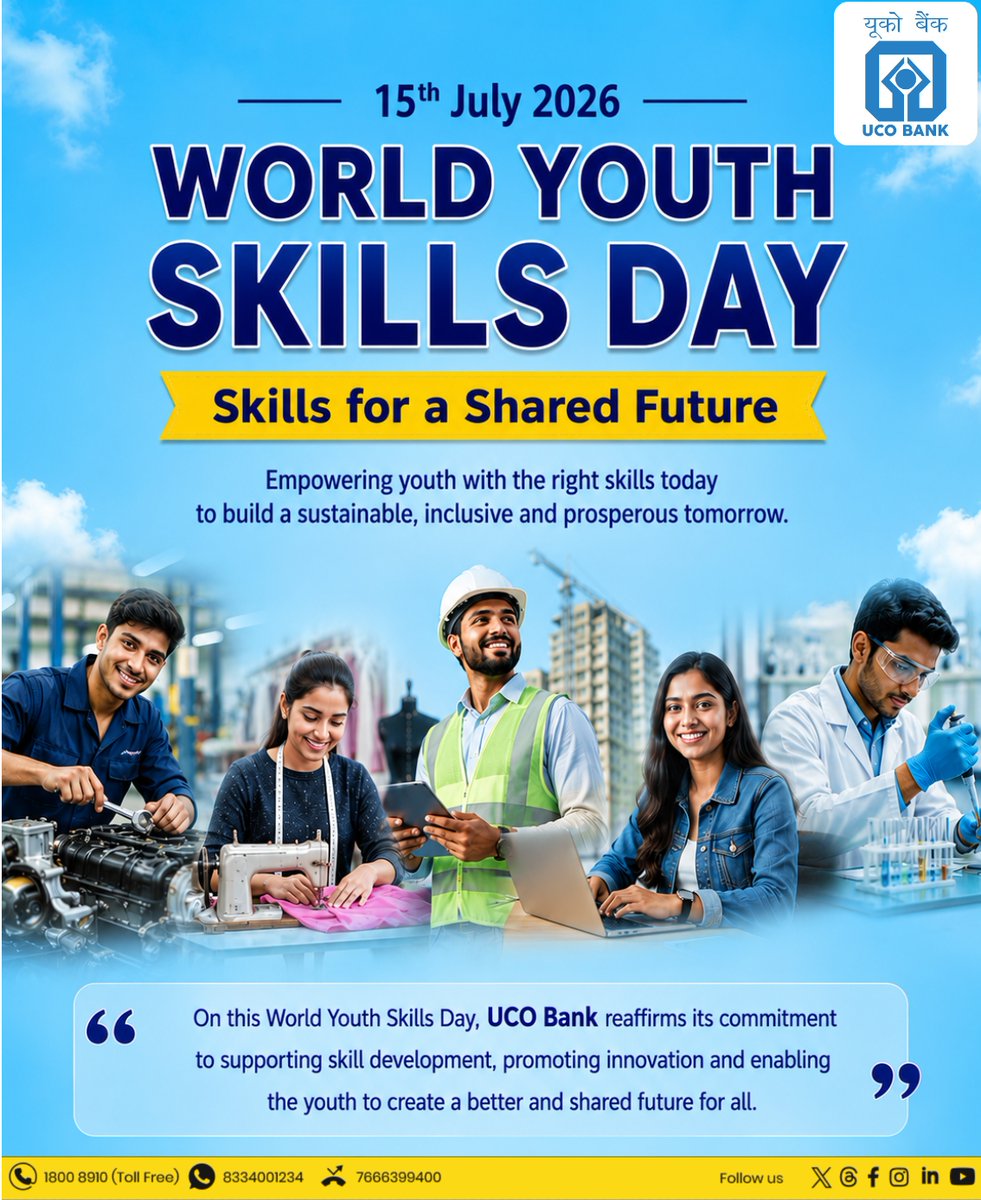 UCOBankOfficial's tweet photo. Skills empower individuals. Opportunities transform nations.
On World Youth Skills Day, UCO Bank celebrates the power of skill development in building an innovative, inclusive and prosperous future.
#UCOBank #UCOGoesDigital #WorldYouthSkillsDay #SkillForFuture https://t.co/hkAbwSfn6L