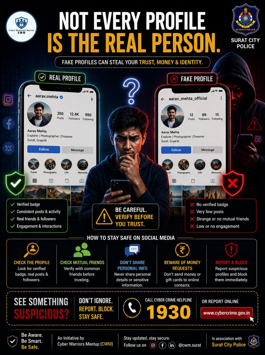 CWMCommunity's tweet photo. Not every profile is the real person.
Scammers create fake social media accounts to steal your trust, money, and identity.
📞 Cyber Crime Helpline: 1930
In collaboration with Surat City Police.
#CyberAwareness #CyberSecurity #FakeProfile #SocialMediaScam #ImpersonationScam https://t.co/YaMf2TPEtp