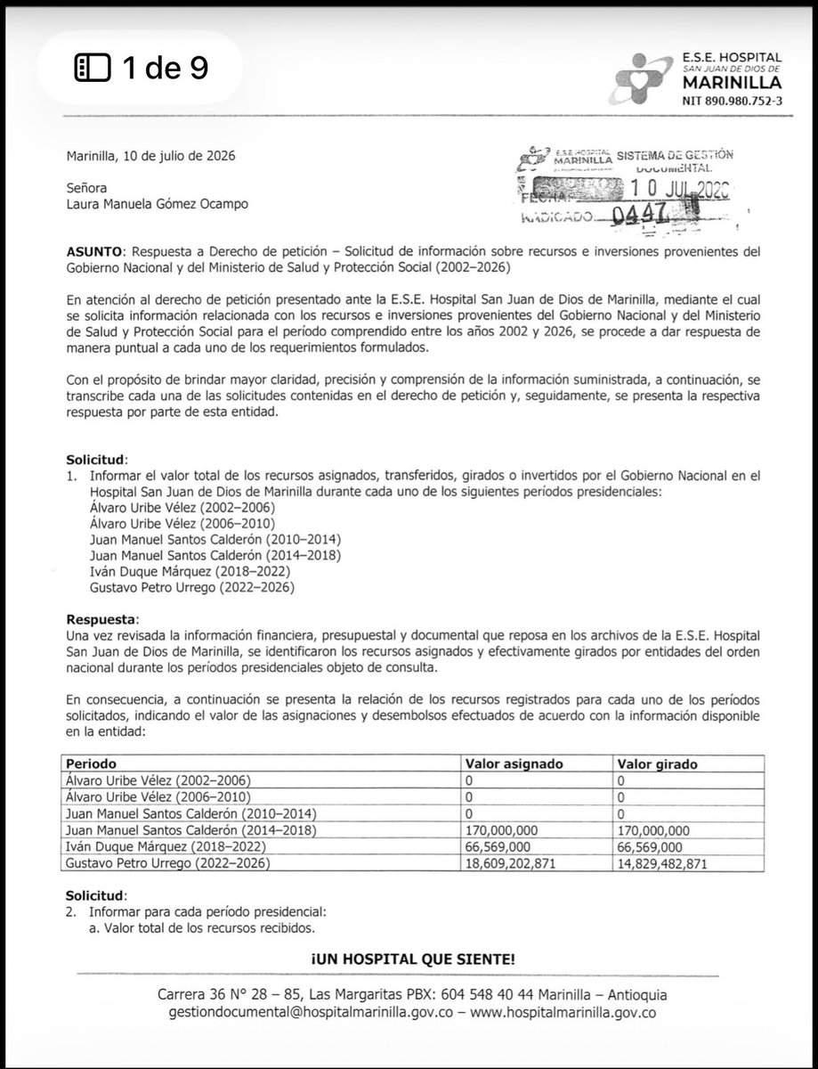 LauraAntioquia's tweet photo. Aquí la respuesta al derecho de petición, así como en Marinilla el país, la inversión en salud más grande de la historia de este país. https://t.co/MdydwaNQfs