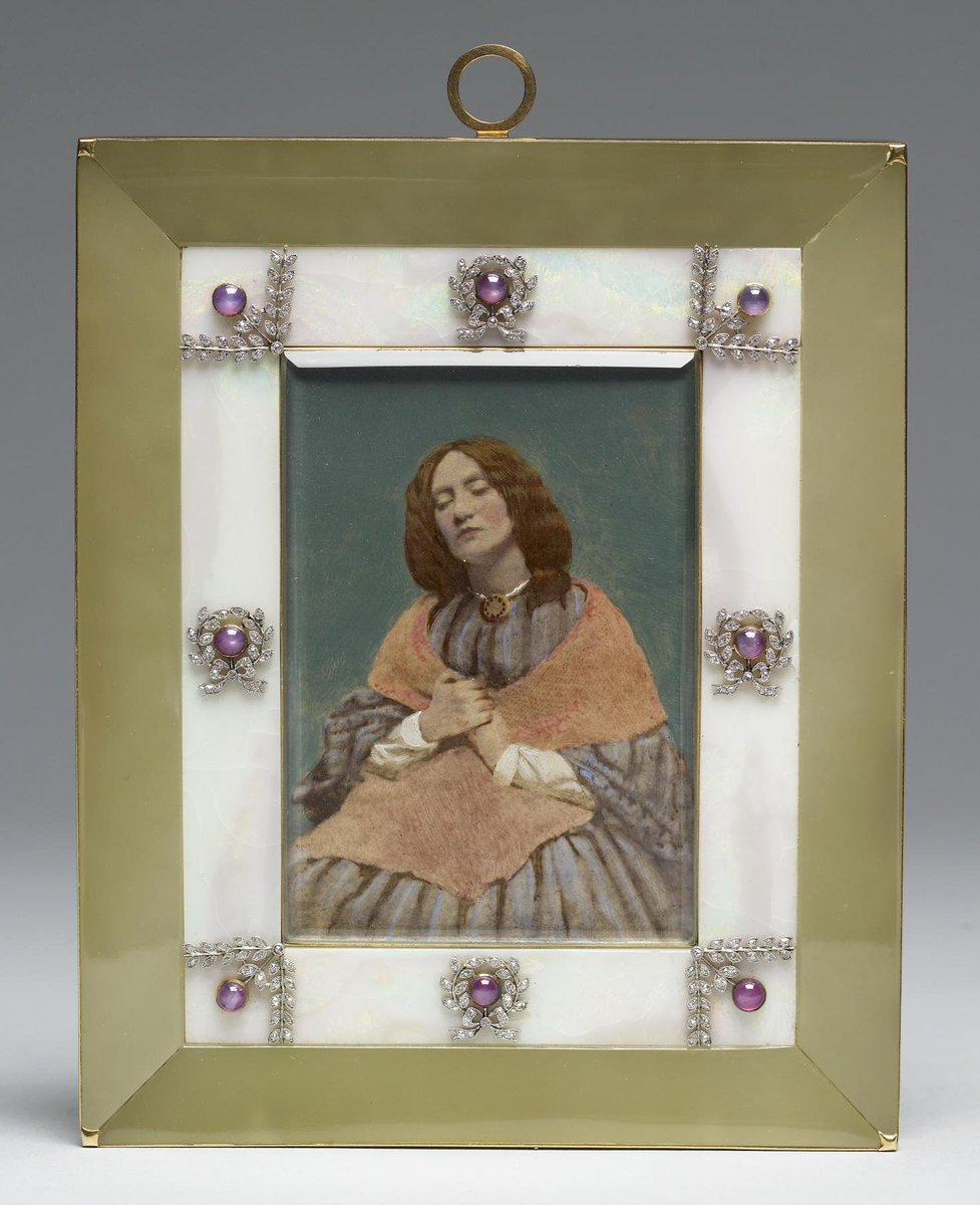 plummie9's tweet photo. Attributed to Dante Gabriel Rossetti (1828-1882)
Mrs. Rossetti,c 1860-61
Photograph painted over in gouache.
The frame is gold, opal, sapphires and diamonds & added in 1906, by J. Pierpoint Morgan, the owner then.
@walters_museum
#PreRaphaelites https://t.co/z6aHSCZ9W6