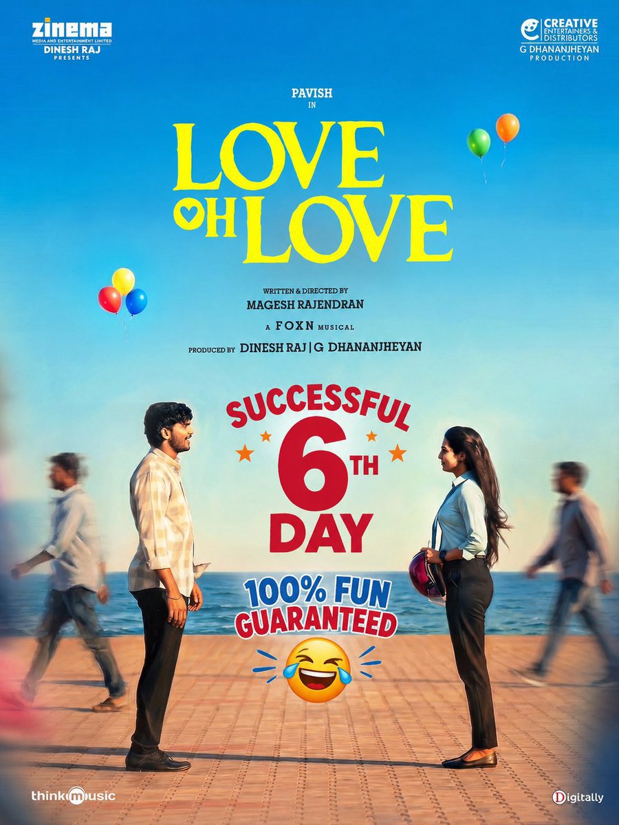 KollywoodCinima's tweet photo. Successful 6th day ✅ #LoveOhLove continues winning hearts as Pavish &amp; Naga Durga receive immense appreciation from audiences. A perfect stress-buster entertainer from Director Magesh, delivering fun, emotions, and memorable moments. 🔥✨ https://t.co/uTvhhOPTLU