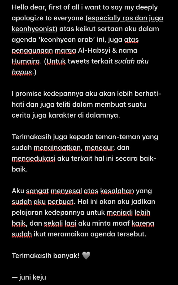 hyeonhood's tweet photo. halo semuanya, this is juni keju speaking, disini aku mau menyampaikan permintaan maaf atas kesalahan yang aku lakukan kemarin, aku juga mau sampaikan terimakasih kepada teman-teman yang sudah mengingatkan aku terkait hal ini dengan baik. terimakasih 🩶 https://t.co/CcH8ayH9Uv
