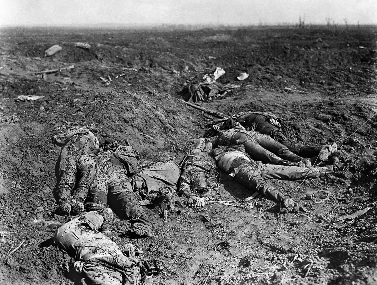 VoicesofWW2's tweet photo. Dead German soldiers litter the battlefield at the Somme. Hitler was wounded twice but miraculously escaped a similar fate. https://t.co/nSg7F8dKM0