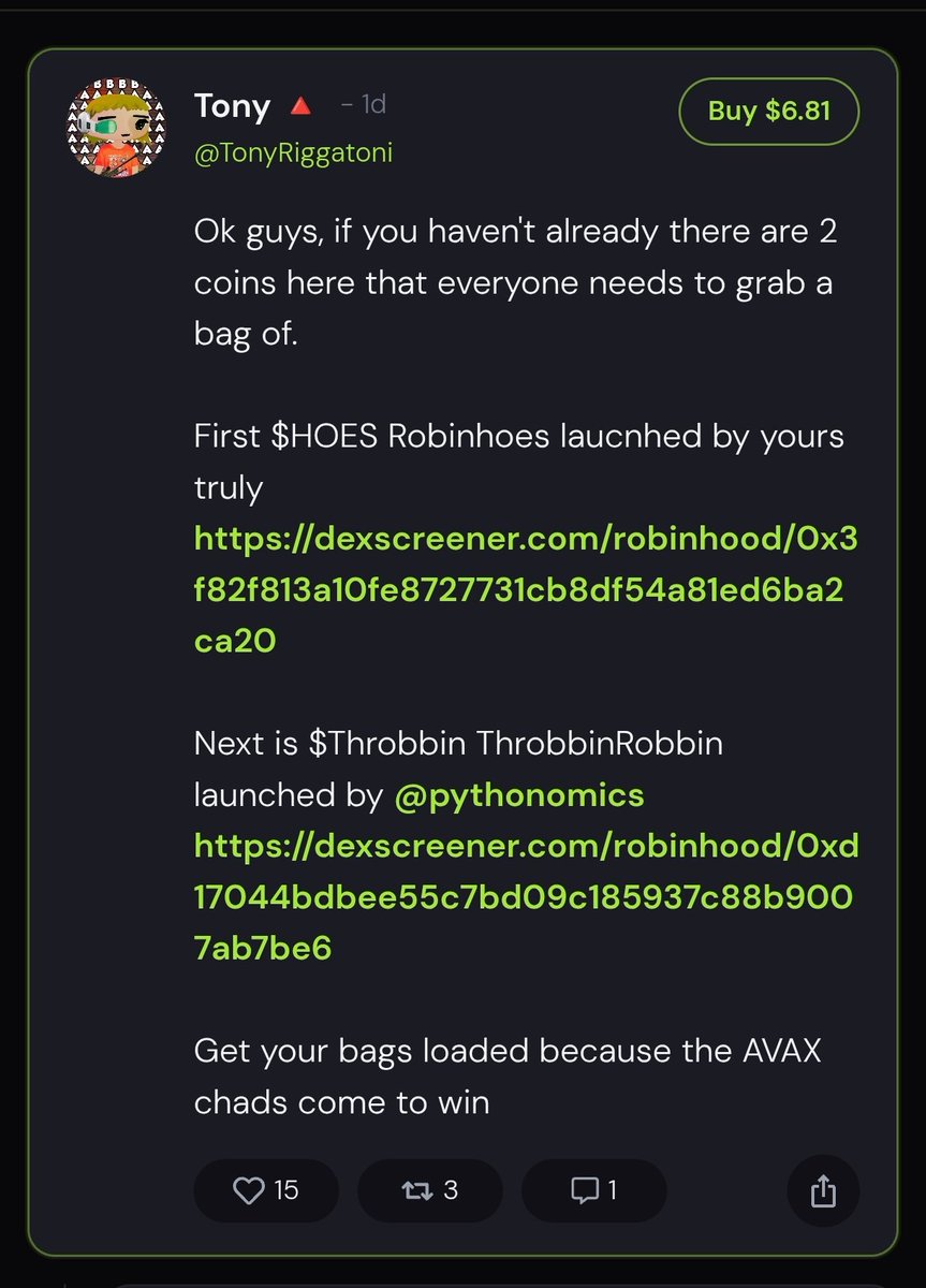amdzky69's tweet photo. @artwolfien @RobinhoodCrypto $HOES dev Tony

0x6f1e5acf1b3e06b2878b30725657be4ba96978e7 https://t.co/jRUVbeCTOa