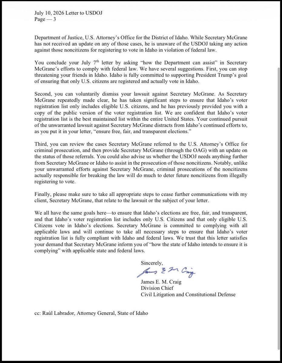 ElizLanders's tweet photo. How frustrated are states with these Dept of Justice requests for voter rolls &amp; the litigation that follows?

Well, the Idaho Attorney General’s office sent this blunt letter to Justice Dept suggesting that they “stop threatening their friends in Idaho” &amp; cease communication. https://t.co/f7cqjeuQbQ