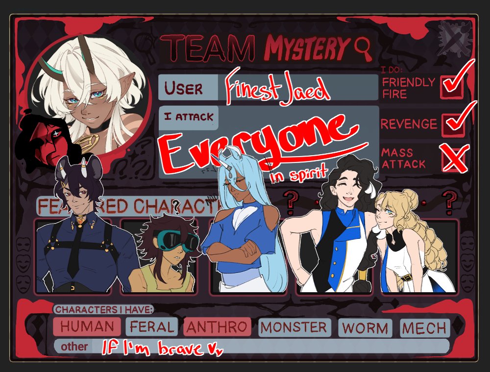 FinestJaed's tweet photo. I'll share here too since I can't get back into bluesky
I am joining artfight this year its a BIG thing for me as it is my first one
Here is a me updated ref and two of my greenlit babies I posted over there!! 
https://t.co/bVrfYZqVMG
#artfight #artfight2026 #art #ocart https://t.co/SXCwAKi1q4