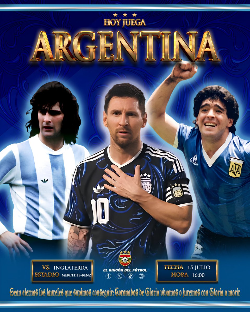 Rincon_DeFutbol's tweet photo. ⭐🇦🇷 HOY JUEGA ARGENTINA❕🇦🇷⭐

🆚 Inglaterra - Semifinal 
🕙 16:00 Hrs.
🏟️ Mercedes-Benz Stadium
👤 Ismail Elfath
🚩 Corey Parker
🚩 Kyle Atkins
4️⃣ Maurizio Mariani
ℹ️ Daniele Bindoni

#Argentina #Messi #Scaloneta #Mundial2026 #RDF https://t.co/BskI7ahKM7
