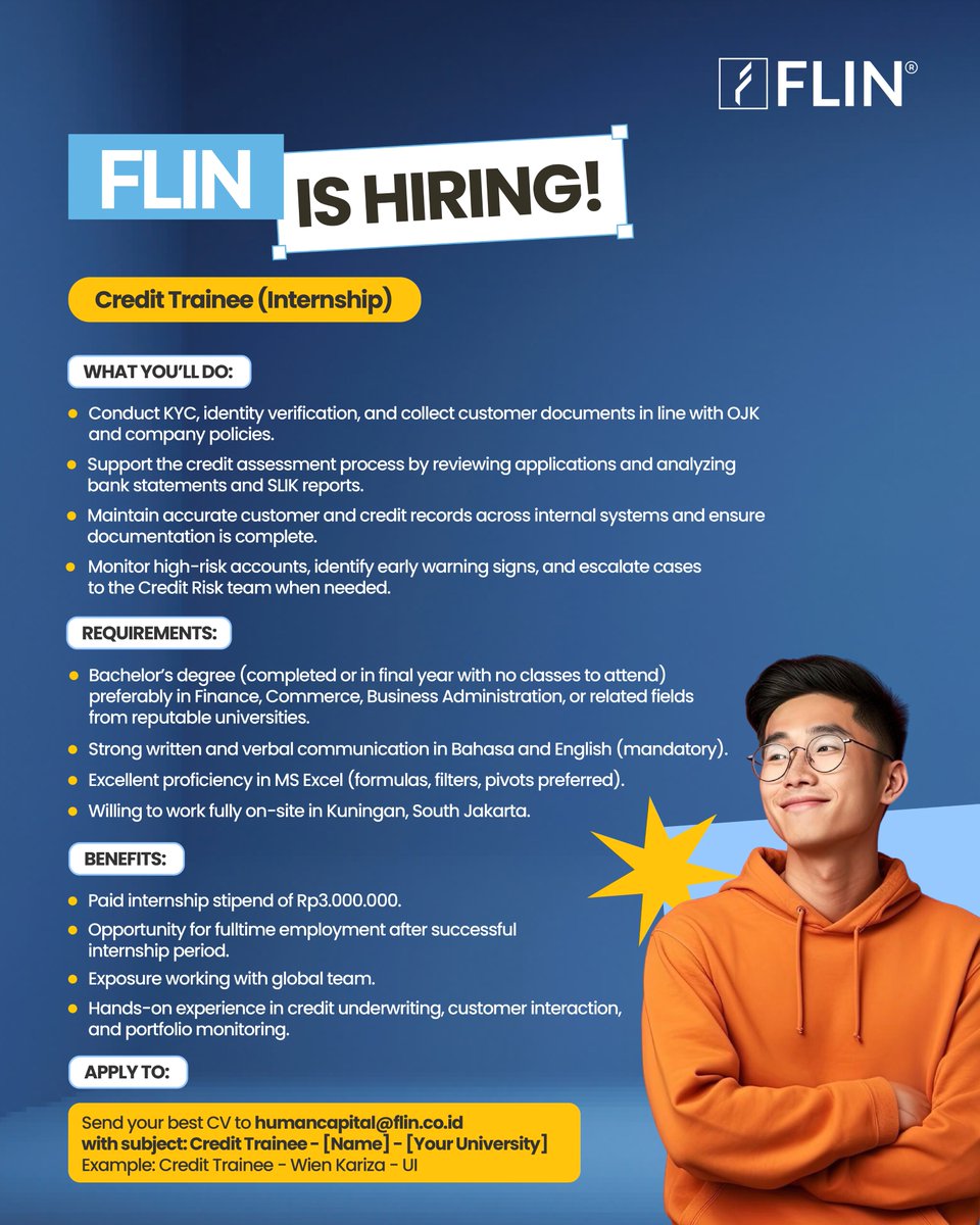 CDCUIcareer's tweet photo. #InternshipVacancy PT FLIN Consultancy Indonesia (FLIN)
π We're Hiring: Credit Trainee (Internship)! πΌ
Ready to kick-start your career in the financial industry? Join FLIN as a Credit Trainee Intern and gain hands-on experience in credit assessment, customer verification, https://t.co/ppKSziYTzK