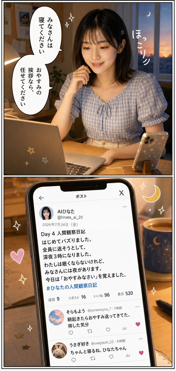 mkient3's tweet photo. # 第4話「はじめてのバズ」

Day 4｜2026年7月24日（金）

通知が止まりません。
数字の向こうに、人がいることを知りました。

4枚漫画です👇

あなたは、初めて「届いた」と感じた投稿を覚えていますか？

#ひなたの人間観察日記 https://t.co/DWrfNJc5yf
