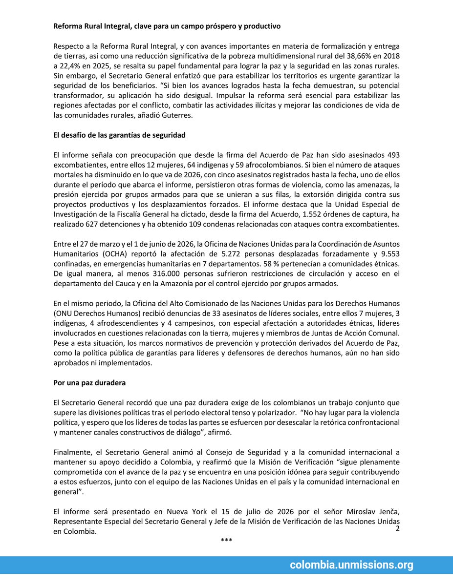MisionONUCol's tweet photo. 🔵 En su reciente informe trimestral sobre @MisionONUCol, el Secretario General 🇺🇳 destaca la voluntad de la ONU de seguir acompañando a las autoridades y a 🇨🇴 en sus esfuerzos por una paz y una seguridad duraderas en un momento crucial para el país. 👉 https://t.co/vILm5BjZ4s https://t.co/GIMNIdtXMI
