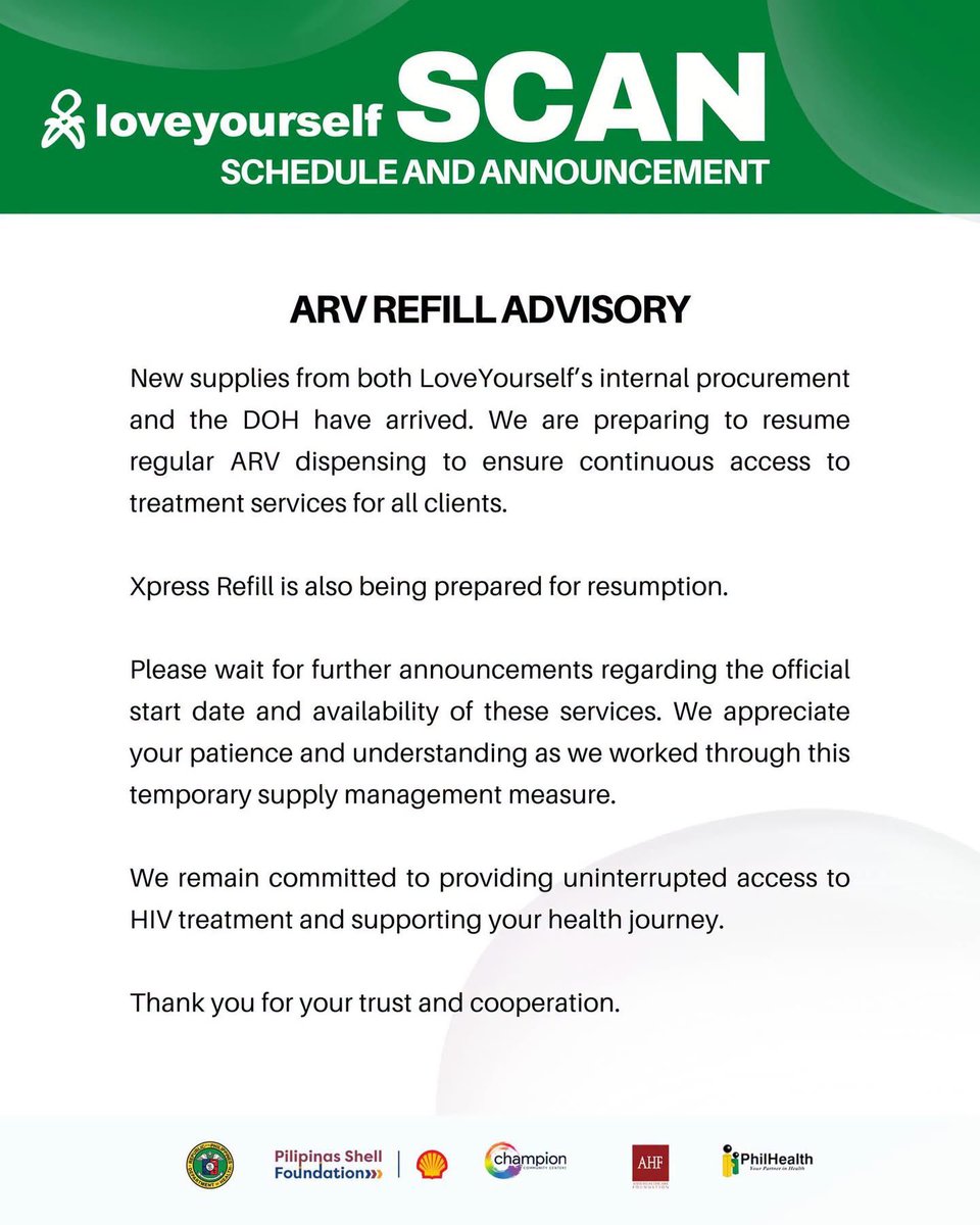 LoveYourselfPh's tweet photo. New supplies from both LoveYourself’s internal procurement and the DOH have arrived. We are preparing to resume regular ARV dispensing to ensure continuous access to treatment services for all clients.

Xpress Refill is also being prepared for resumption.

Please wait for further announcements regarding the official start date and availability of these services.
We appreciate your patience and understanding as we worked through this temporary supply management measure.

We remain committed to providing uninterrupted access to HIV treatment and supporting your health journey.

Thank you for your trust and cooperation.

#LoveYourselfPh
