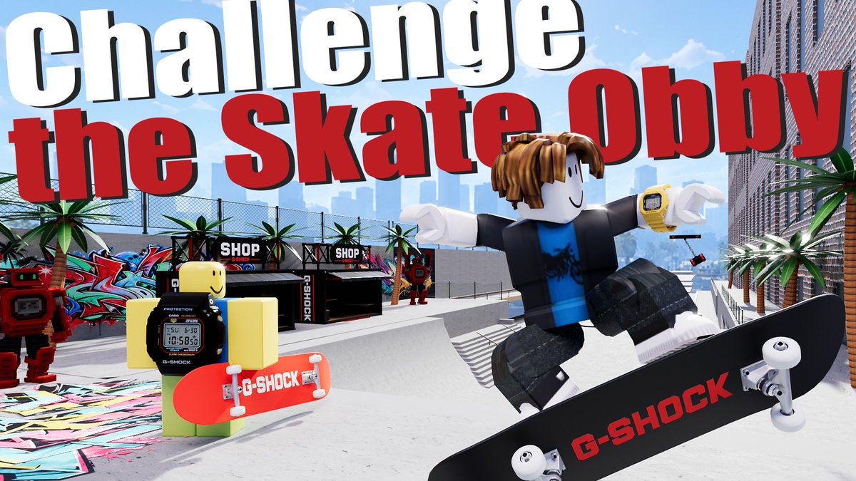 VIRTUALGSHOCKJP's tweet photo. G-SHOCKがRobloxに登場！

無料ワールド「Challenge the Skate Obby : G-SHOCK」では、スケボーに乗ってゴールを目指すアスレチックコース（Obby）に挑戦できます🛹

さらに、G-SHOCKを代表するアイコニックモデル「DW-5600」や「GA-2100」を再現したアバターアイテムも公開中⌚️

時計のほかにも、ユニークなG-SHOCKアイテムが多数登場します。

かっこいいG-SHOCKアイテムもぜひチェックして、まずはワールドのコースに挑戦してみてください！💪
