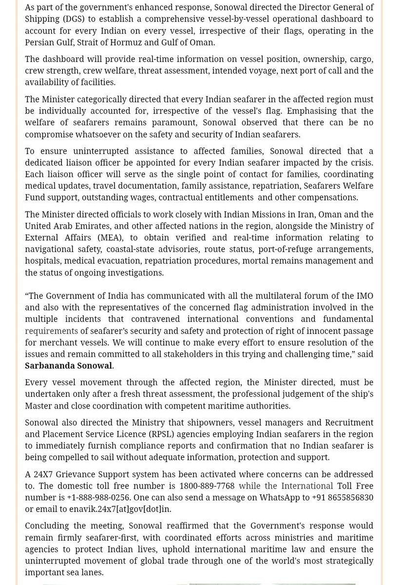 sidhant's tweet photo. West Asia War

Indian govt to establish a comprehensive vessel-by-vessel operational dashboard to account for every Indian on every vessel, irrespective of their flags, operating in the Persian Gulf, Strait of Hormuz and Gulf of Oman. https://t.co/6z7Q9WZnLY