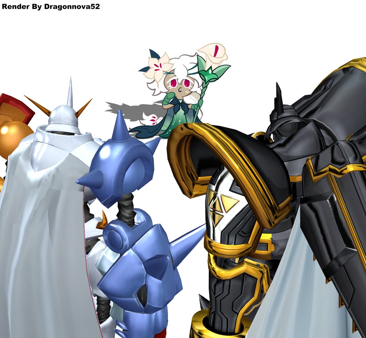 Dragonnova52's tweet photo. Cross-Overse Time : 
White lily cookie meet alphamon and omegamon.
 #crkfanart #cookierun #crk #crob #whitelilycookie #omegamon #alphamon #digimonart #digimon #デジモン #3Dfanart #Crossover #cookierunkingdom https://t.co/Zu8ksRXkAl