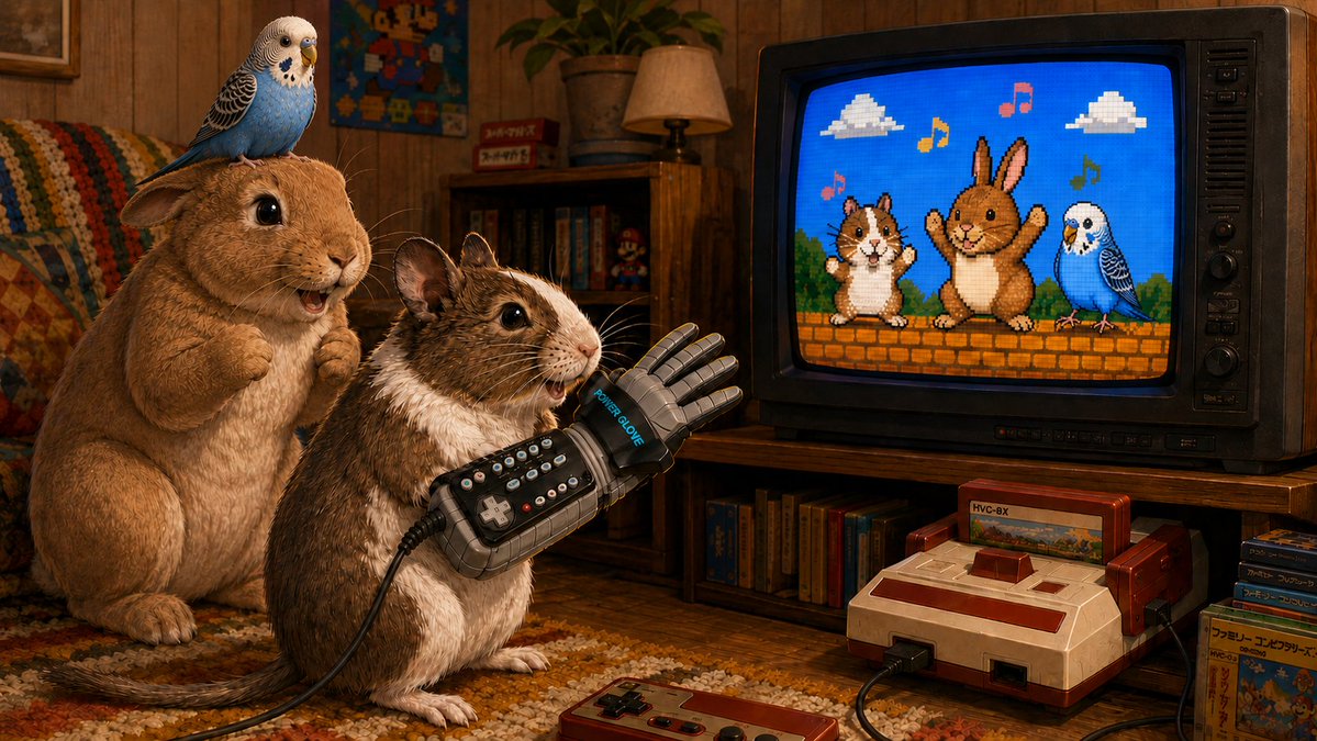 usagitsukai's tweet photo. 今日は
#ファミコンの日
だそうです。
特級呪物を持ち出して遊んでいるようです😆

ちなみに案の定ショート動画は上手く生成できませんでした😤 https://t.co/6dJ8b7nEYa