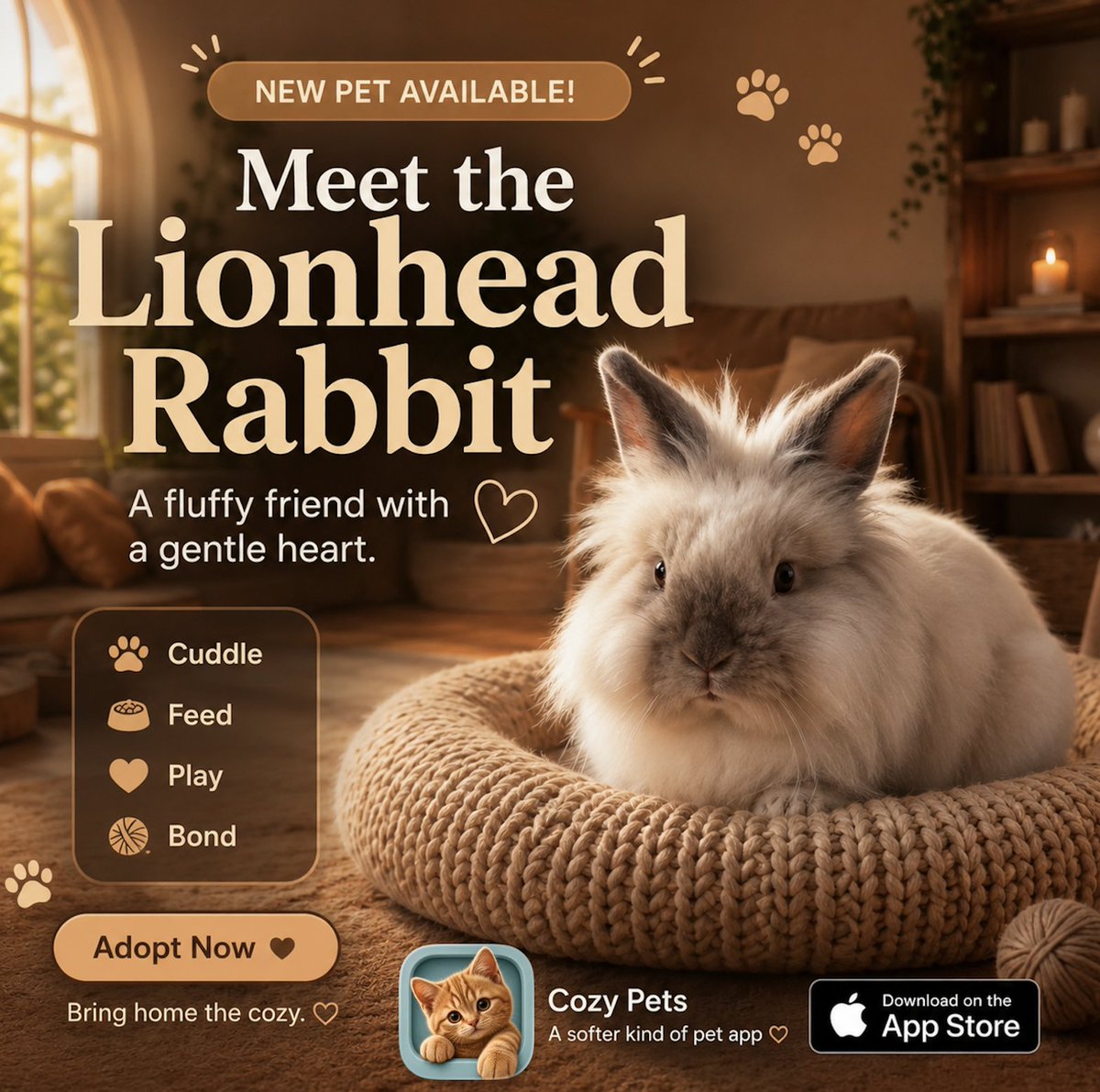 cozypetsclub's tweet photo. Say hello to our newest cozy companion… the Lionhead Rabbit! 

Soft, fluffy, and ready to become your next favorite virtual pet. Will you be the one to bring this little friend home?

Download on the App Store: https://t.co/DZbRpp5xoz

#CozyPets #VirtualPet #PetLovers https://t.co/3ua6d0yHUU