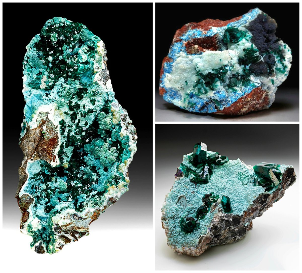 geologyBits's tweet photo. 🟥 ⛏️ 🔎 Dioptase with Plancheite from Sanda Hills, Mindouli, Pool, Republic of the Congo forms in the oxidized upper zones of copper deposits within the Niari Syncline. 
🎞 Please visit: https://t.co/azK6mwcrg0
🔁 ❤️ Greatly Appreciated                                               

This is where faulted Neoproterozoic limestones and sandstones create permeable pathways for copper‑rich fluids.

As sulphides break down, silica‑bearing solutions circulate through karstic cavities and fractures, precipitating emerald dioptase and later fibrous blue plancheite.

Dioptase develops as trigonal prismatic crystals with sharp rhombohedral terminations, while plancheite forms orthorhombic radiating aggregates that may coat or partially replace earlier dioptase. 

Their association records a supergene environment shaped by oxidation, silica mobilization, and long-term mineral replacement, producing one of the Congo’s most vivid copper silicate assemblages.
#DioptaseWithPlancheite
https://t.co/V5vafUFdhu