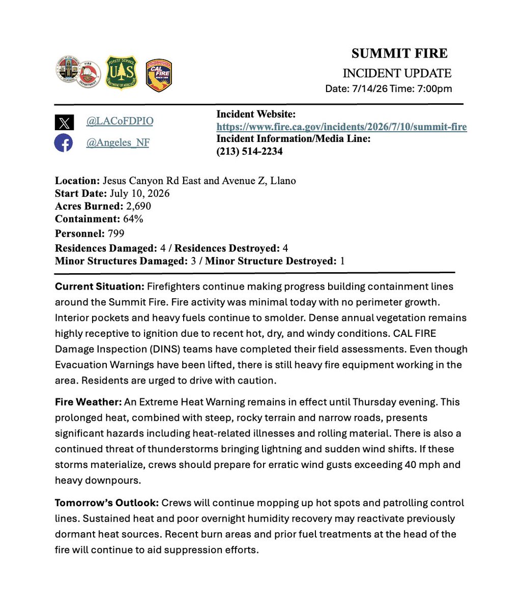 LACoFDPIO's tweet photo. The #SummitFire Evening Update for 7/14/2026 https://t.co/2Uzj9orvIF