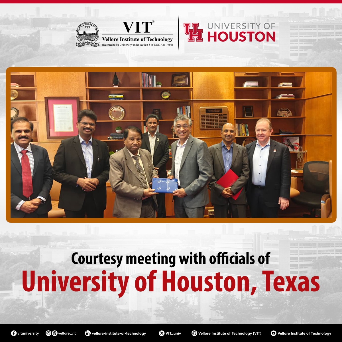 VIT_univ's tweet photo. Our Founder &amp; Chancellor, Dr. G. Viswanathan, and Vice President, Dr. G.V. Selvam, alongside the Director of International Relations, Dr. R. Seenivasan, recently had a courtesy meeting with officials from the University of Houston, Texas, USA.
 #UniversityOfHouston #VITVellore https://t.co/7nccfZuuOP
