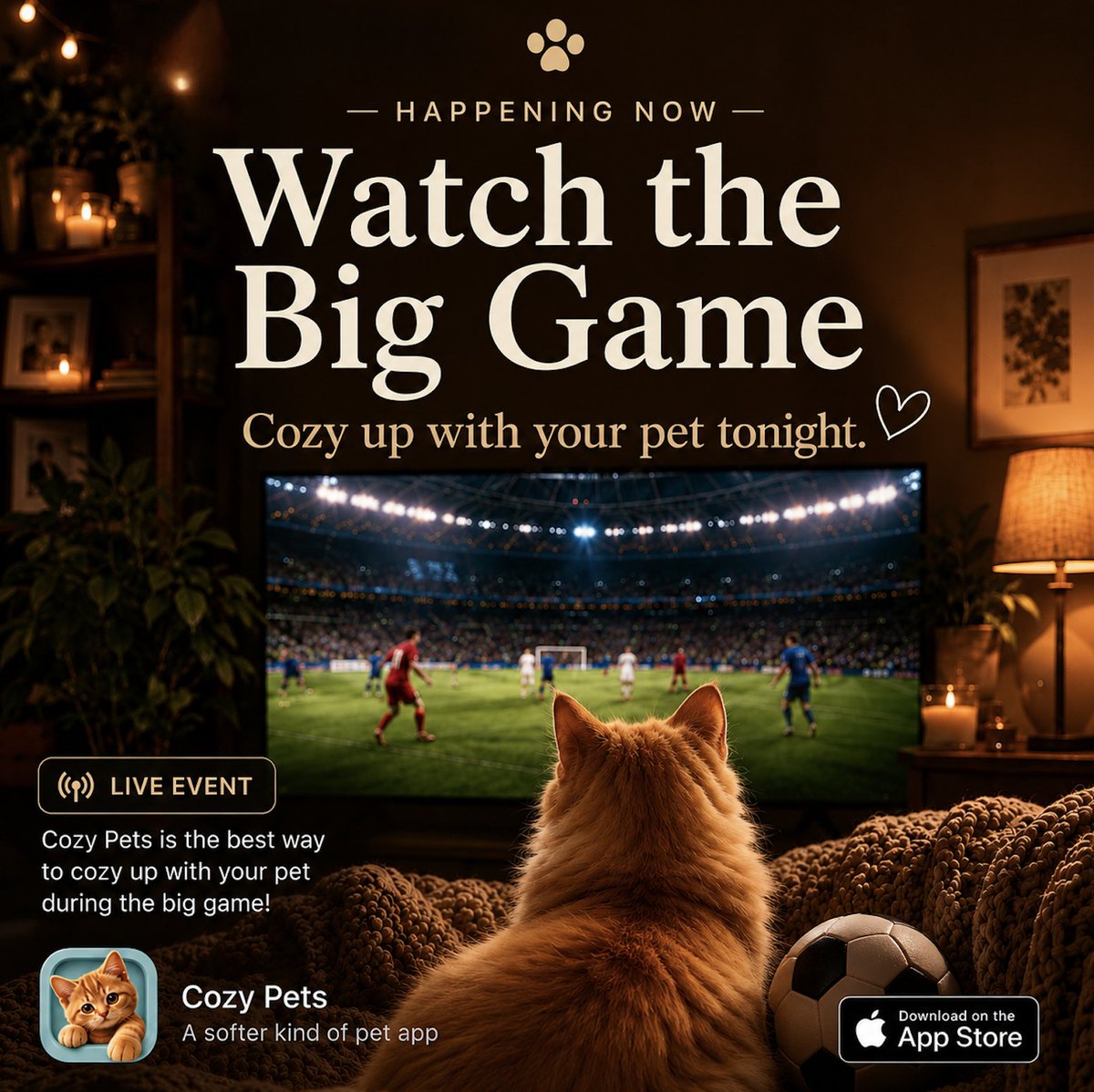 cozypetsclub's tweet photo. The big game is better with a cozy companion. 

Curl up, cheer on your team, and enjoy a relaxing night with Cozy Pets.

Download on the App Store: https://t.co/DZbRpp5xoz

#CozyPets #PetLovers #CozyGames https://t.co/WORxHqRL65