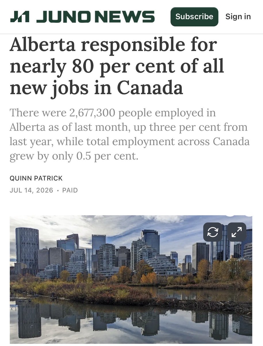 mario4thenorth's tweet photo. Alberta: 78,500 new jobs in 12 month

Rest of Canada combined: ~20,500

Alberta is 12% of the population & produced 80% of its job growth.

This is the province the federal government treats as an economic problem.

It’s holding up the rest of the country’s employment numbers

This is a snapshot of what a Conservative government can do. 

Everyone should thank @ABDanielleSmith