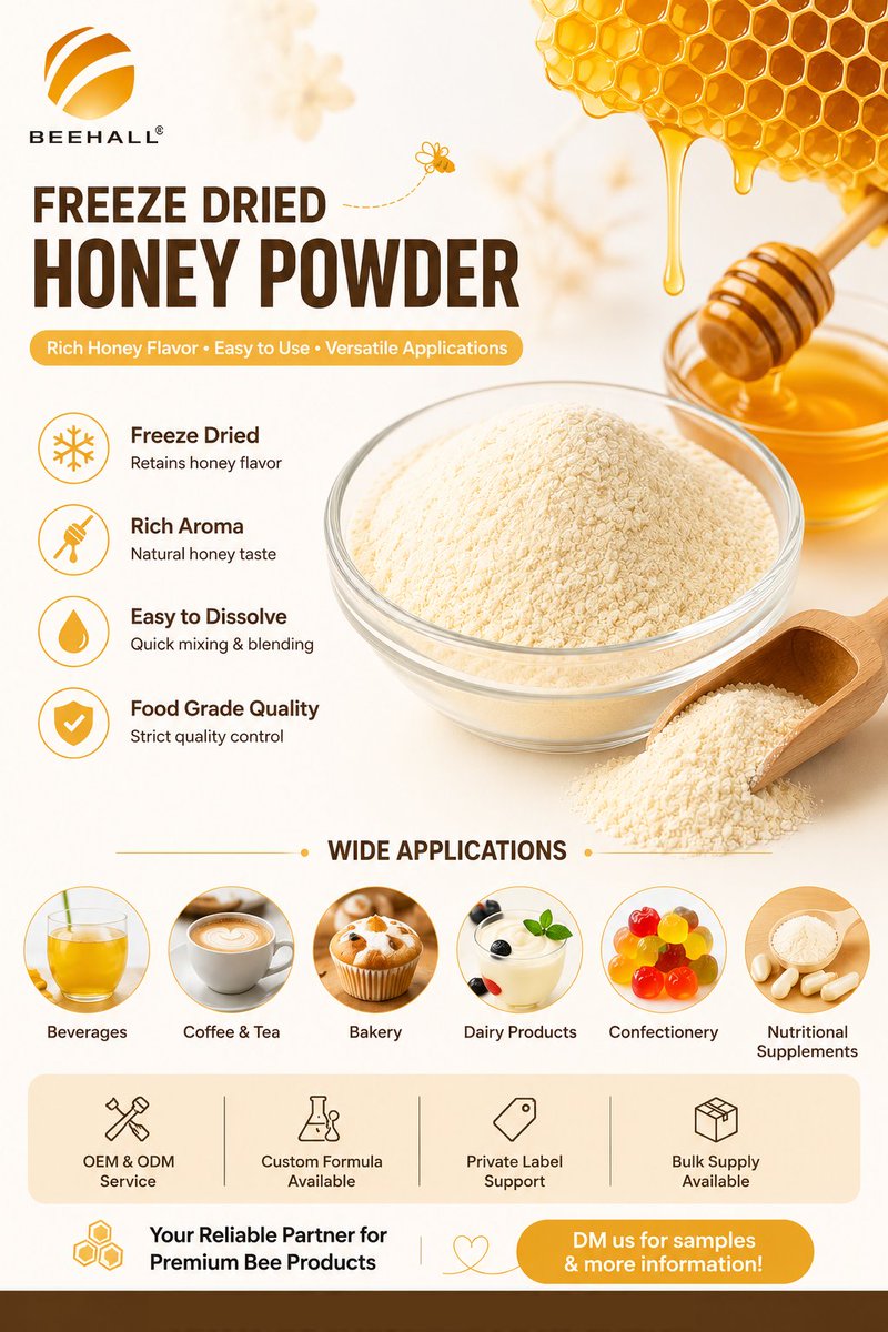 BeehallGroup's tweet photo. 🍯 Freeze Dried Honey Powder

✨ Rich Honey Flavor
✨ Fine Powder Texture
✨ Wide Applications
✨ OEM &amp; ODM Available
Perfect for beverages, bakery, dairy products, confectionery, and nutritional products.

#HoneyPowder #OEM #FoodIngredients #PrivateLabel #BeeProducts https://t.co/oCUcUi5OXJ