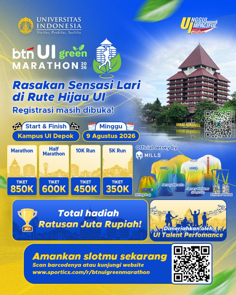 LarikuInfo's tweet photo. 🔽
🏫 BTN UI Green Marathon
🕰️ 09 Ags 2026
📐 5K/10K/21K/42K • Road Run
📮 Depok - Jabar
💜
🍎 https://t.co/X6s3fBOnrV ◀️
🔺
🔺

∙∙
#BTN #UIGreenMarathon #UniversitasIndonesia #IMRoadRunner #LariKuinfo Bank Tabungan Negara Lari Universitas Indonesia https://t.co/eq0g2xBRb4 https://t.co/GFMtSRxIg5