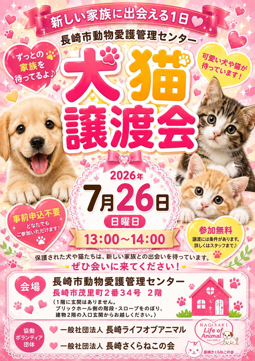 nagasakidoukan's tweet photo. 【犬と猫の譲渡会を開催します 】
#犬　#猫　#譲渡会
　開催場所　7月26日　13時〜14時
　開催場所　長崎市動物愛護管理センター（茂里町2-34）
🐶かわいい犬と猫がお待ちしています🐱

見学者用の���車場はありませんので、近隣の有料駐車場か公共交通機関をご利用下さい。 https://t.co/0E8z0yzQtR https://t.co/nC3VL69IXv