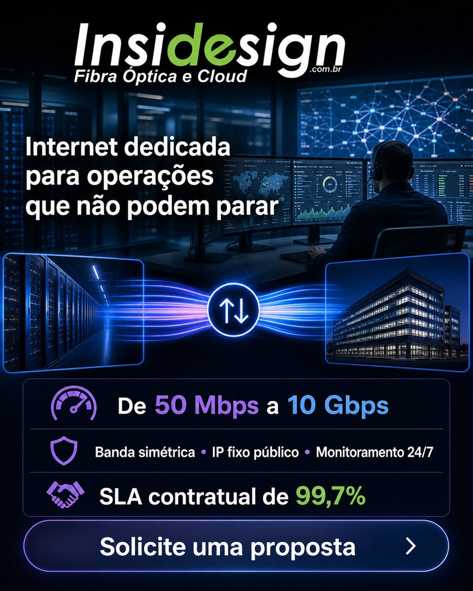 InsidesignWeb's tweet photo. Operação que não pode parar precisa de conexão à altura. ⚡

Internet Dedicada Insidesign: 50 Mbps a 10 Gbps, banda simétrica, IP fixo, monitoramento 24/7 e SLA de 99,7%.

Peça uma proposta: https://t.co/NXmgL3kNkd

#InternetDedicada #Insidesign https://t.co/DVKhZ46bYn