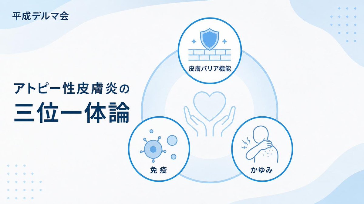 HeiseiDerma's tweet photo. アトピー性皮膚炎を考えるうえで重要な「三位一体論」。皮膚バリア機能、免疫、かゆみの相互作用に注目し、病態を立体的に捉える考え方です。 https://t.co/BurckGS0av
