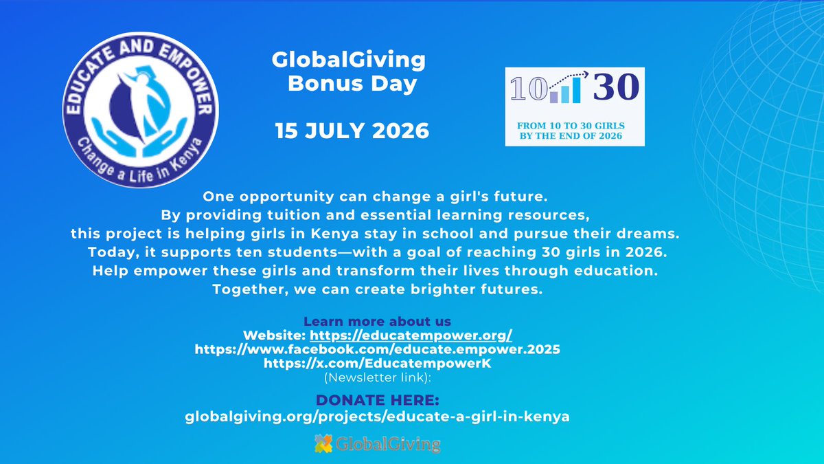 alinejs10's tweet photo. 🐰💙🌍 Educate and Empower Organization is participating in the 24-hour GlobalGiving Bonus Day Campaign to support vulnerable girls in Kenya. Join us on GlobalGiving Bonus Day! Please donate and share! @EducatempowerK #globalgiving #EducationForAll #UnitedNations #UNVolunteers https://t.co/Y1jxikFByz