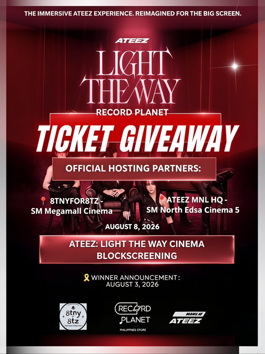 Recordplanet_ph's tweet photo. 🚨 TICKET GIVEAWAY ALERT, ATINY! 
 
Ready to experience ATEEZ: LIGHT THE WAY on the big screen?  We are giving away 5 TICKETS for our upcoming block screening events!

Hosted with our official partners:
📍 8TNYFOR8TZ – SM Megamall Venue 
📍 ATEEZ MNL HQ – SM North EDSA Venue https://t.co/C22QPFrdP5
