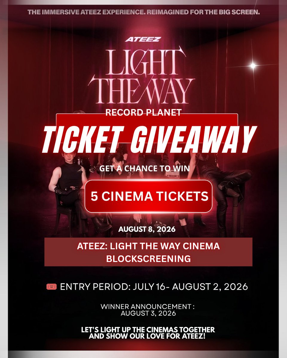 Recordplanet_ph's tweet photo. 🚨 TICKET GIVEAWAY ALERT, ATINY! 
 
Ready to experience ATEEZ: LIGHT THE WAY on the big screen?  We are giving away 5 TICKETS for our upcoming block screening events!

Hosted with our official partners:
📍 8TNYFOR8TZ – SM Megamall Venue 
📍 ATEEZ MNL HQ – SM North EDSA Venue https://t.co/C22QPFrdP5