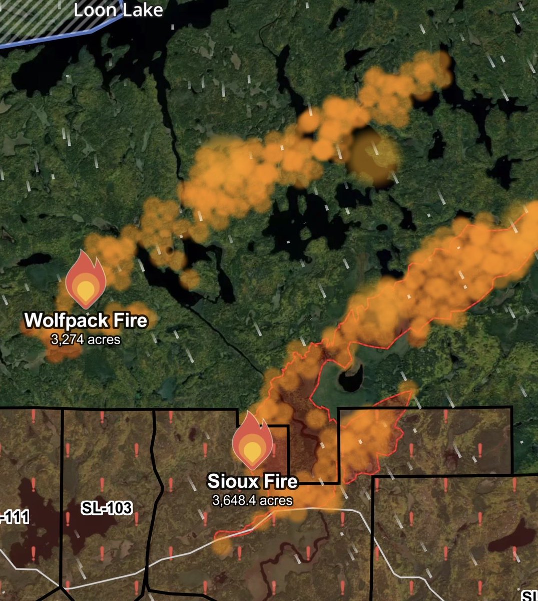 elyecho's tweet photo. The Sioux Fire moved south, causing the closure of the Echo Trail from Big Lake on the east end to 200 on the west, per the St. Louis County Sheriff on Facebook. The Sioux fire had moderate growth today.
For tomorrow, winds are predicted to be less; however, fire officials are still concerned about the speed at which these fires have moved, the amount of fuel in the forest, and the energy they have.

The Wolfpack Fire is just to the west of the Sioux Fire and is moving parallel to the Sioux Fire, per the St. Louis County Sheriff on Facebook. The Wolfpack fire had rapid growth today and might merge with the Sioux Fire tomorrow.