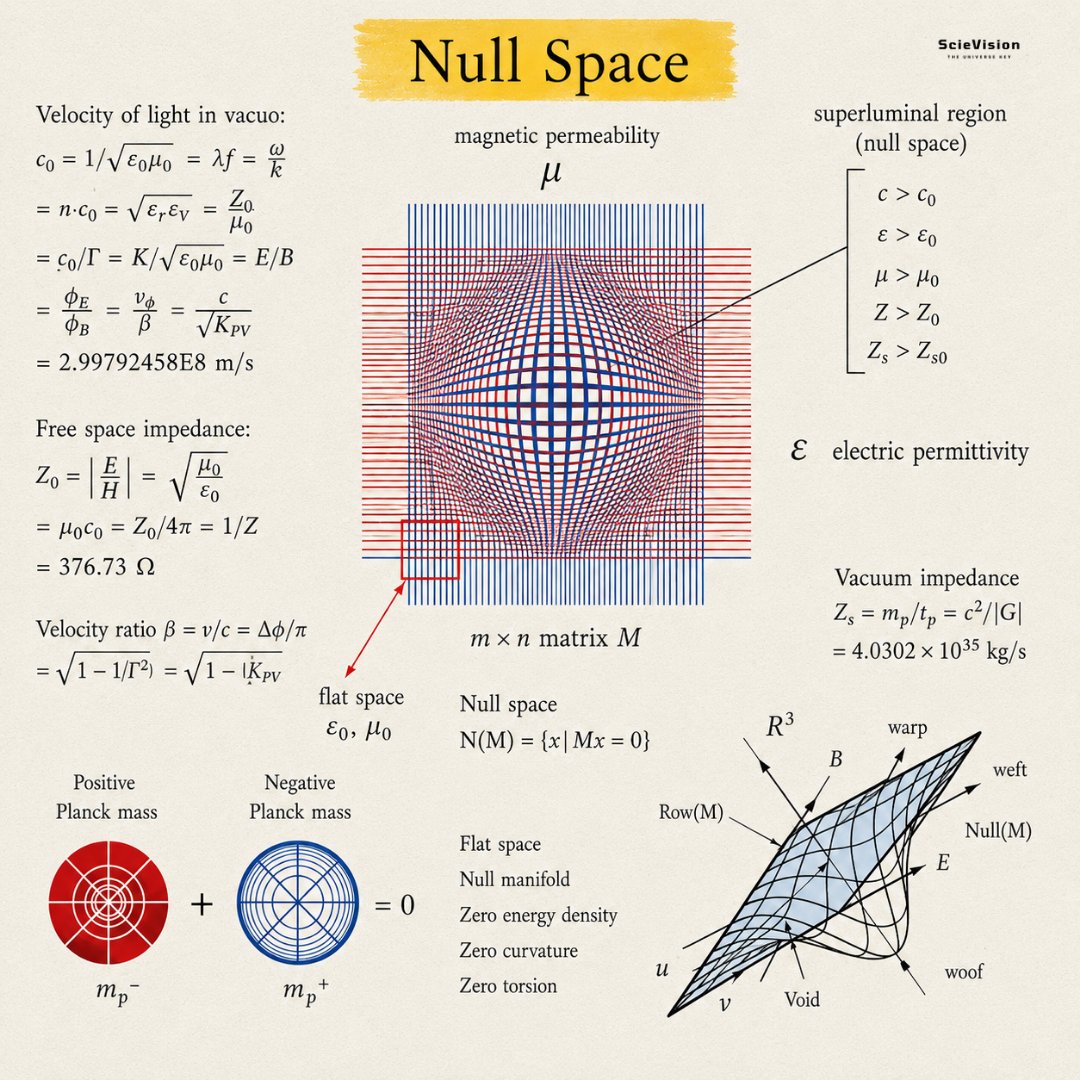 scievision369's tweet photo. Null Space ✍️

This diagram brings together one of the most significant ideas in mathematics and physics under one beautiful concept called null space. The term null means zero or nothing, and null space represents nothingness defined in a very precise and meaningful way. However, this is not the ordinary nothingness of an empty room or a blank page. It represents a deep and structured nothingness, a state of perfect balance, flatness, and symmetry from which all physical reality emerges in one direction or another. The diagram connects this idea across multiple fields, including pure mathematics, the physics of light and electromagnetic waves, the geometry of curved space, and even speculative ideas about the total energy content of the universe.

The large central image in the diagram is the most striking element and carries much of the meaning visually. It shows a grid made of red horizontal lines and blue vertical lines. In the outer areas, the lines are straight and evenly spaced, forming a regular flat pattern. Toward the center, the lines become increasingly distorted, curved, compressed, and warped, creating a bubble-like bulge in the middle. The flat outer region represents normal undistorted empty space; the vacuum as it exists far from any unusual influence. The warped central region represents space that has been curved or altered by some physical effect. The transition between them shows the boundary between modified space and normal flat space. The grid is also labeled as a matrix, linking this physical picture to the mathematical concept of null space from linear algebra, where a matrix is simply a rectangular array of numbers that acts as a transformation machine, converting one set of numbers into another.

The mathematical definition of null space is one of the most important concepts in mathematics. In simple terms, it means this: the null space of a transformation is the complete collection of all inputs that the transformation completely destroys, turning them into zero. When you input any of these special values into the transformation machine, the output is always exactly nothing. Most inputs produce meaningful nonzero outputs, but some special inputs are completely destroyed. These destroyed inputs form the null space, the blind spot of the transformation, the directions it cannot see, detect, or preserve. The null space is always a geometrically meaningful collection of directions forming a line, a plane, or a higher-dimensional equivalent through the origin. It represents the directions that are completely invisible to the transformation, the information it cannot distinguish from the total absence of any input.

The diagram lists five properties associated with null space in the context of space and spacetime. The first is flat space; the null state of the universe is perfectly flat space with no curves, bends, or warps. In Einstein's general relativity, massive objects curve the space around them, and this curvature is what we experience as gravity. However, in the complete absence of all matter and energy, space is perfectly flat, and this flat state is the null baseline. The second property is null manifold, referring to the fact that light rays in spacetime travel along paths where the combined spacetime distance is exactly zero, even though light crosses real distances during real durations of time. This zero spacetime distance of light paths is a fundamental geometrical fact about our universe. The third property is zero energy density. True empty space has no energy stored within it, no matter, no radiation, and no concentrated field energy. The fourth property is zero curvature, which follows directly from zero energy because Einstein's equations tell us that where there is no energy, there is no curvature. The fifth property is zero torsion, which means space has no twisting or rotation, representing the most symmetric and undistorted possible state of spacetime.