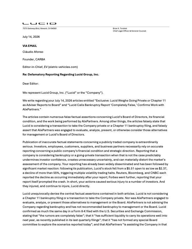 ntwork's tweet photo. $LCID has delivered a cease-and-desist letter to @EV_carba regarding reporting that falsely claimed the company was considering bankruptcy or a take-private transaction. Those claims have been publicly and unequivocally denied, including in an SEC filing. https://t.co/9P0PocFdCl