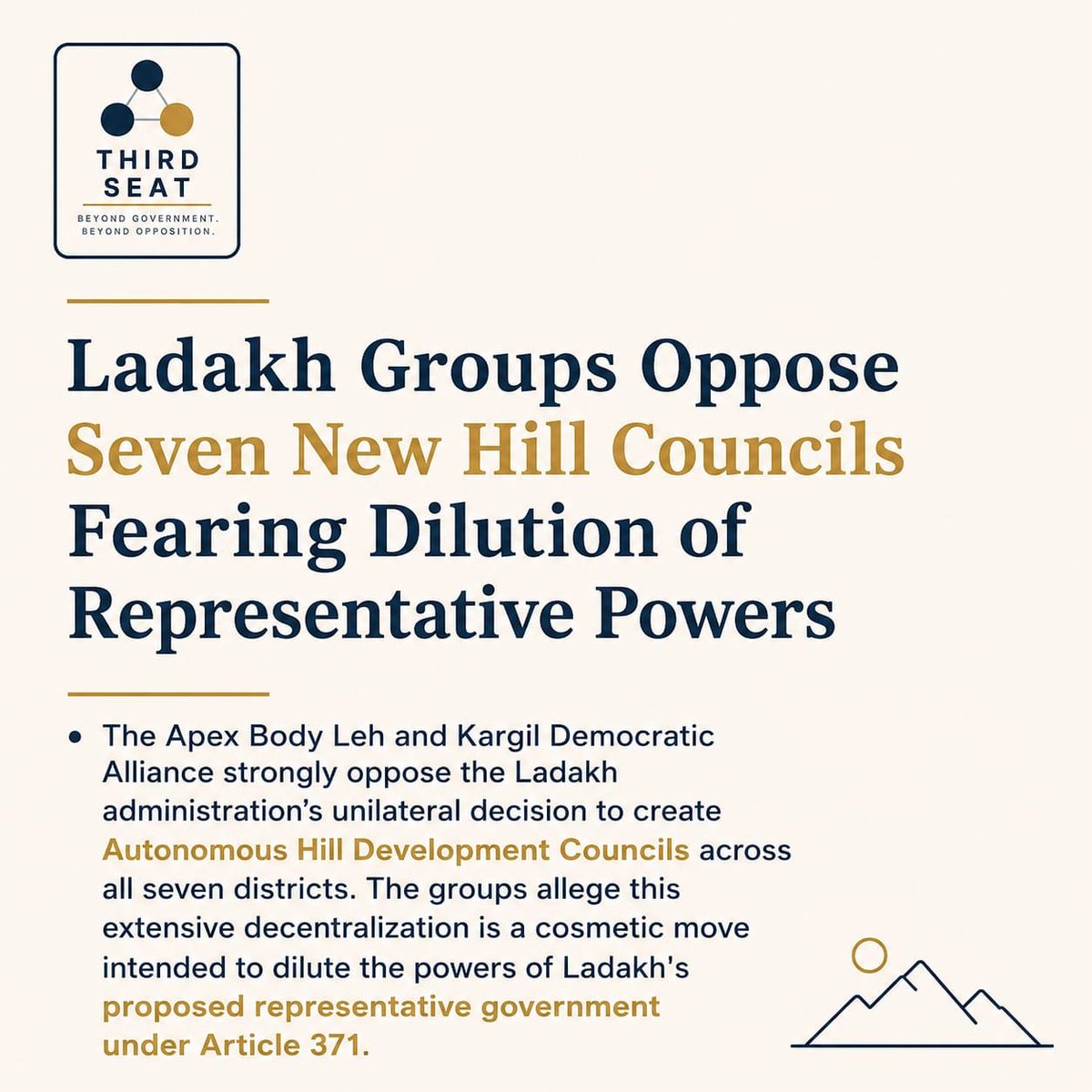 ThirdSeat_org's tweet photo. Ladakh Standoff: Apex Body and KDA Oppose New Hill Council Plan.
@lg_ladakh @LAHDC_LEH @HMOIndia
#Ladakh #ApexBodyLeh #KargilDemocraticAlliance #Article371 https://t.co/0dsoka3dKz