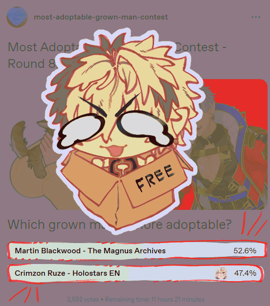m0rt1mersgr4ve's tweet photo. IF you, yes, YOU have ever witnessed the absolute tragic anomaly that is Crimzon Ruze's Nat -1 luck and felt that paternal instinct kick within you (or the need to kick him around) then I IMPLORE you to VOTE HIM AS THE MOST ADOPTABLE GROWN MAN ‼️ https://t.co/U0Nf2orqMB