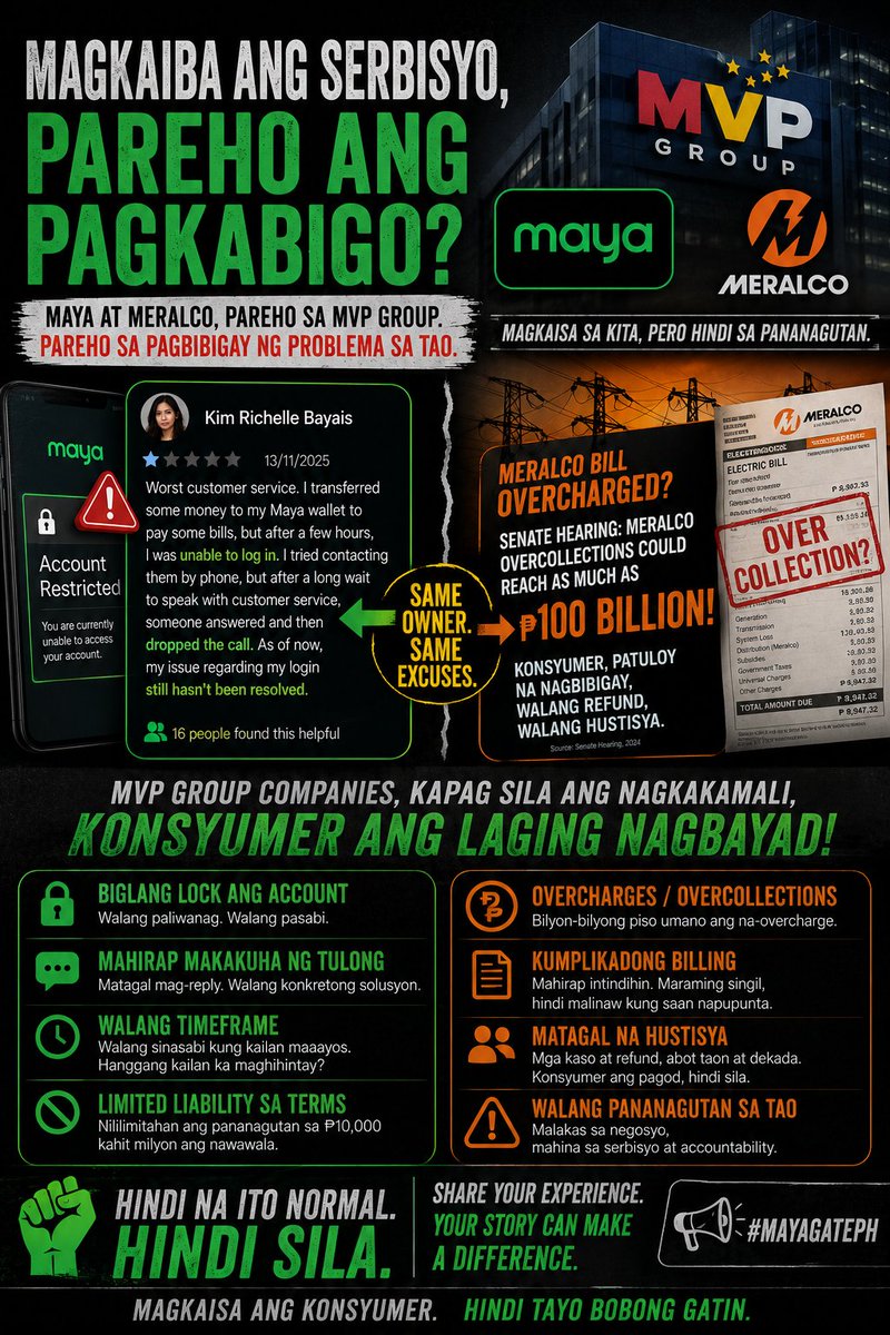 dasheldon's tweet photo. MVP Group. Kapag sila ang nagkakamali, konsyumer ang nagbayad.

Maya: Lock account, walang refund
Meralco: Overcharge, ₱100 BILLION

Same owner. Same problem.

HINDI ITO NORMAL. HINDI SILA.

Magkaisa.

#MayaGatePH #WhatAYatePH #Philippines #Pinoy https://t.co/HoxC2yZeld