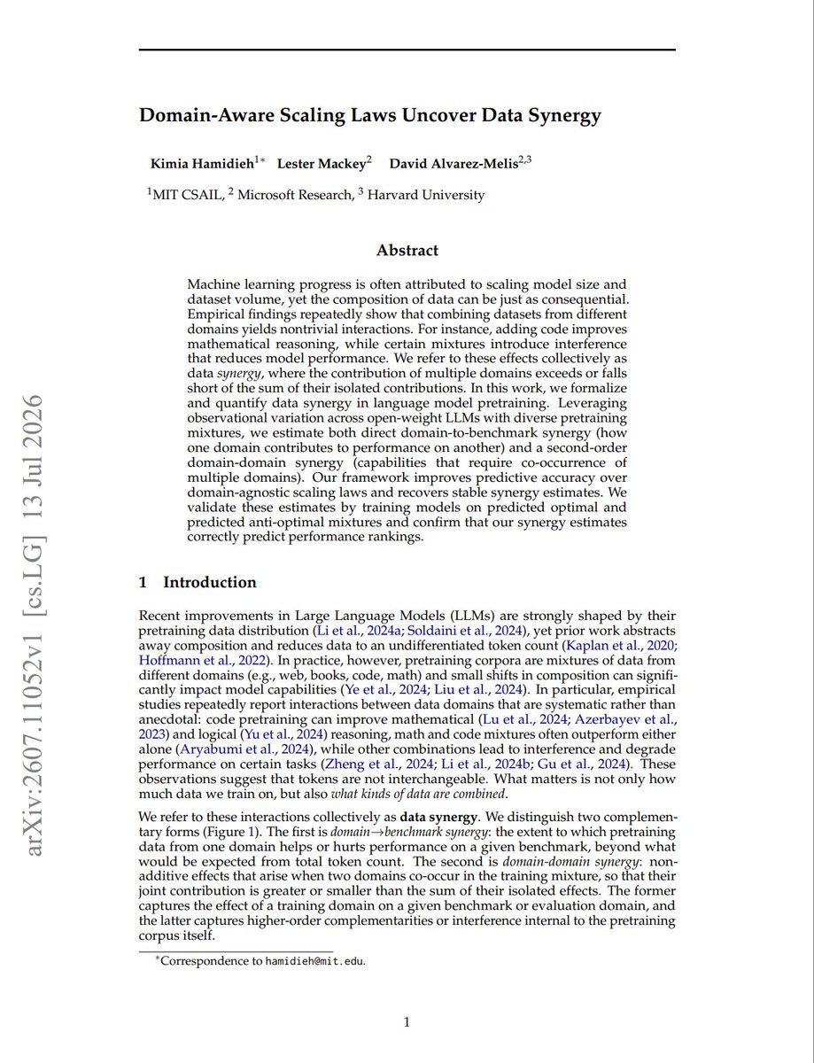 SeanYoung1995's tweet photo. MIT CSAIL, Microsoft Research, and Harvard have introduced Domain-Aware Scaling Laws to quantify data synergy in LLM pretraining.

Imagine a chef who only measures ingredients by total weight, ignoring how flavors interact. Traditional scaling laws treat training data as a uniform mass, overlooking non-linear synergy. This framework solves this by measuring how domain co-occurrences, like Math and Code, non-linearly boost performance.

By analyzing 52 open-weight models, this domain-aware approach significantly outperforms domain-agnostic Chinchilla baselines in predictive accuracy.

https://t.co/AtlJPTXfNU