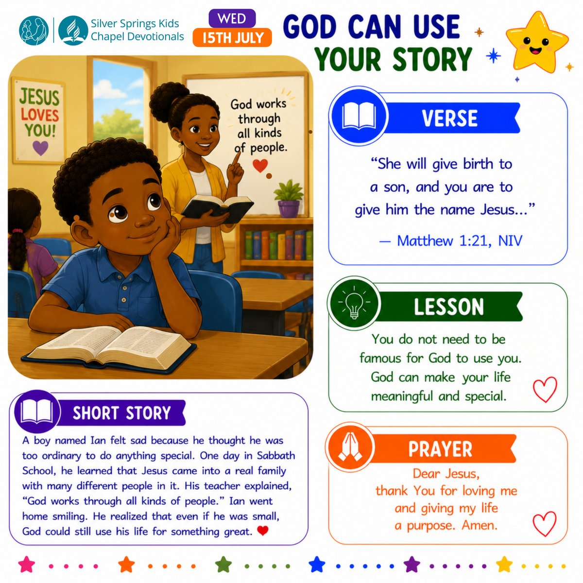 sdasilverspring's tweet photo. 🌻 Kids Devotional || God Can Use Your Story
“She will give birth to a son, and you are to give him the name Jesus…” (Matthew 1:21)

#kidsdevotionals https://t.co/7Oyf5LQ6bG