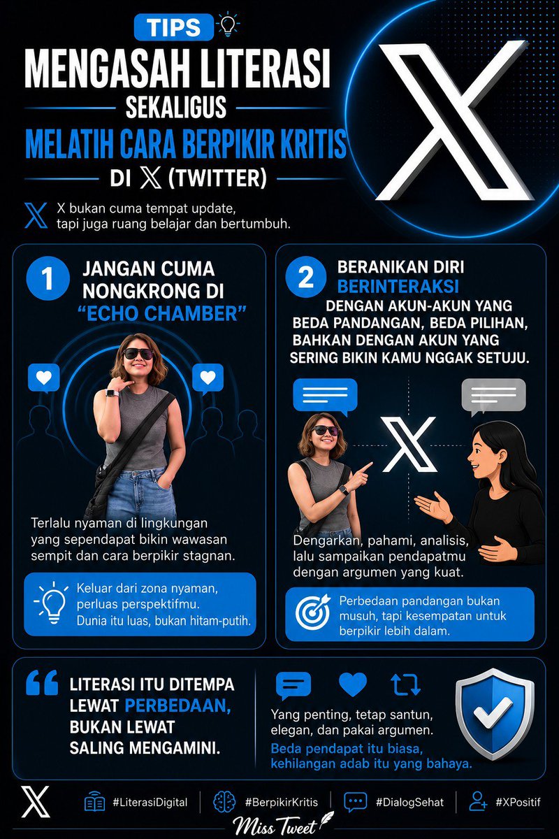 Heraloebss's tweet photo. Want to sharpen your media literacy and train real critical thinking on X?  

Here’s the uncomfortable truth most people avoid:

Stop living in your echo chamber.  
Dare to engage with accounts that think differently, even the ones that annoy you or challenge your beliefs.

Real literacy isn’t built by likes and mutual agreement. It’s forged in the fire of disagreement.  

Americans know this well , from fiery town halls to campus debates. Indonesians are learning it too in our noisy democracy.  

The key? Stay civil, elegant, and argument-driven.  
Different opinions are normal. Losing manners is dangerous.  

Who’s brave enough to step outside their bubble today? Drop your thoughts below 👇