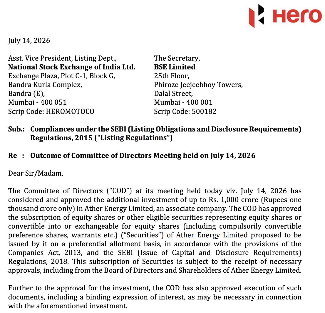 madhavchanchani's tweet photo. Looks like Hero MotoCorp wants to increase its stake in Ather Energy.

Ather is raising Rs 2,500 crore, and Hero has received board approval to invest up to Rs 1,000 crore through a preferential issue.

Hero already holds a 29.5% stake in Ather. https://t.co/GuFrnBALqr