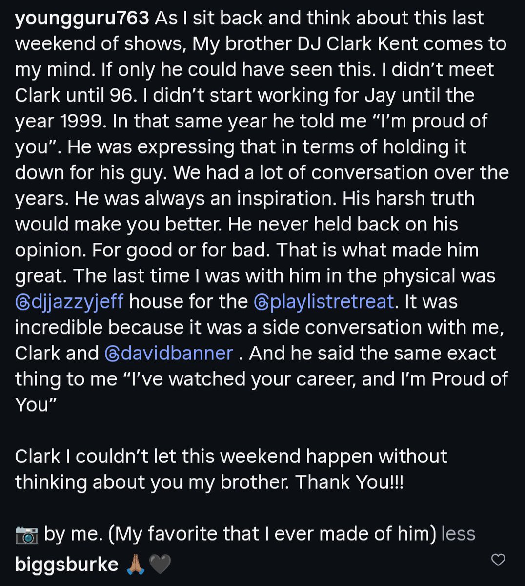 tanni_613's tweet photo. Young Guru, JAY-Z's longtime sound engineer, made a post honoring the great DJ Clark Kent amidst the JAŸ-Z 30 celebration. If you know the history, it doesn't need to be explained why Rodolfo is so important to JAY-Z &amp; Co. personally and professionally.
R.I.P. 💎🐐 https://t.co/kxQLDb3Poy