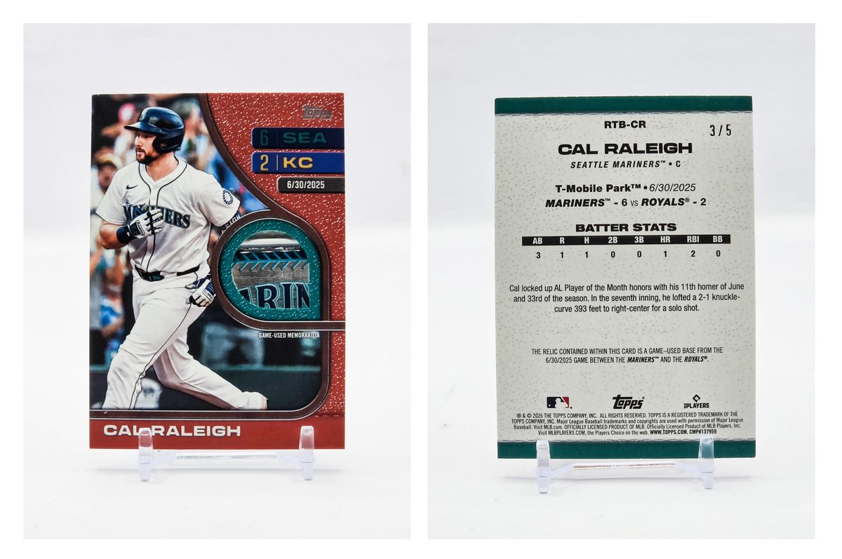 KicksCop's tweet photo. @WNYCards Check this out. I pulled this Cal Raleigh /5 out of one of those Series 2 All star Megas.. love the team logo relic. Cant wait to see you open a case of these All star Megas 🔥👀 https://t.co/pgFmzk73KR