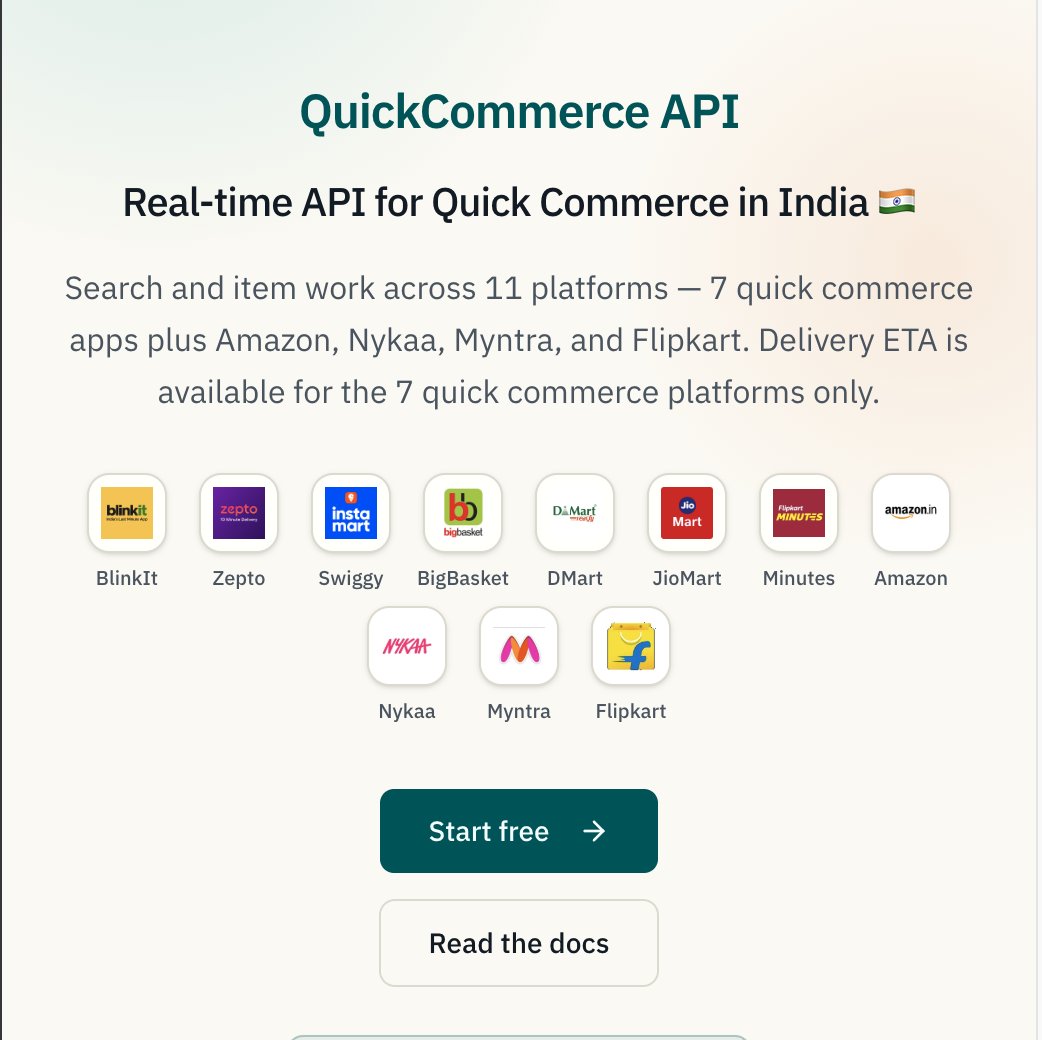 quickcompareapp's tweet photo. 🚀 We just launched QuickCommerce API — the first unified API to compare grocery prices and delivery times across all major quick commerce platforms in India.

One API call. 7 platforms. Real-time data.
BlinkIt · Zepto · Swiggy Instamart · BigBasket · DMart · JioMart · Minutes