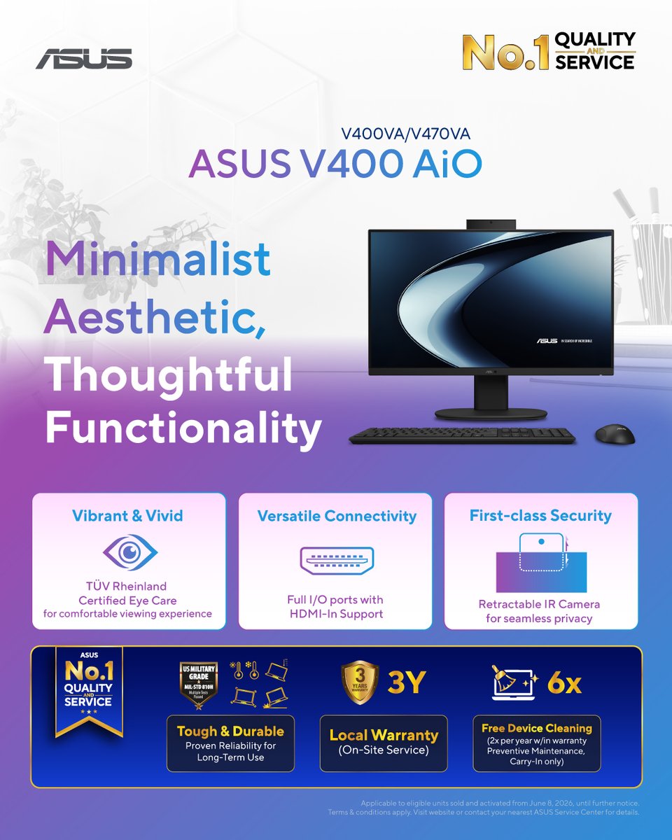 ASUSph's tweet photo. Made for modern living, fit for clean spaces 🏡️✨ ​

The ASUS V400 AiO brings:​
🔹 Vibrant and vivid display choices of 24" or 27"​
🔹 HDMI-In for expanded screen use​
🔹 Retractable IR camera for privacy &amp; security https://t.co/hAqK6UyRZ8