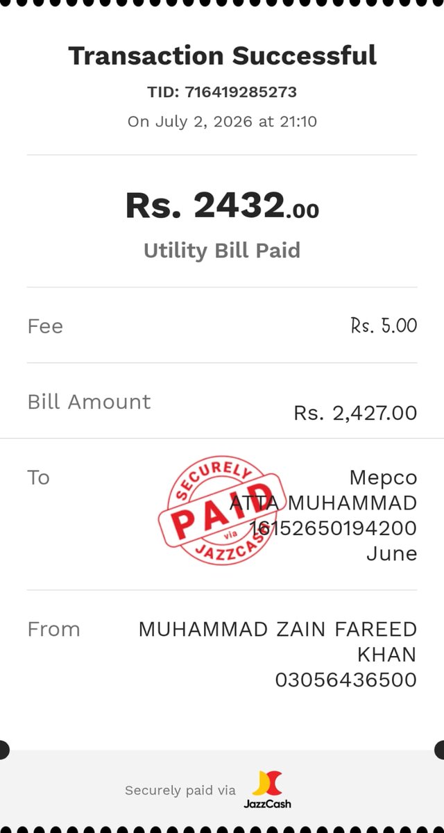 xain1902's tweet photo. @CMComplaintCell 
@MaryamNSharif
I paid my MEPCO electricity bill on July 2, 2026. The payment amount was deducted from my JazzCash account, but th.I kindly request you to look into this issue. I have attached slips of the payment transaction and bill details for your reference. https://t.co/ECQwKG422D